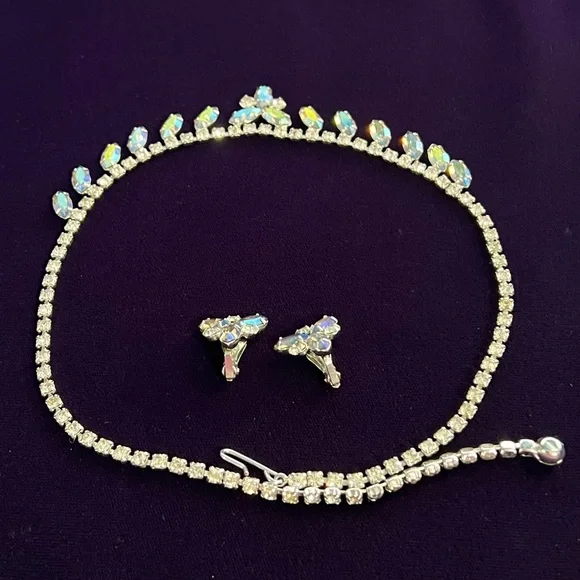 Vintage Signed B David Blue AB Rhinestone Necklace & Earring Set - Picture 2 of 5
